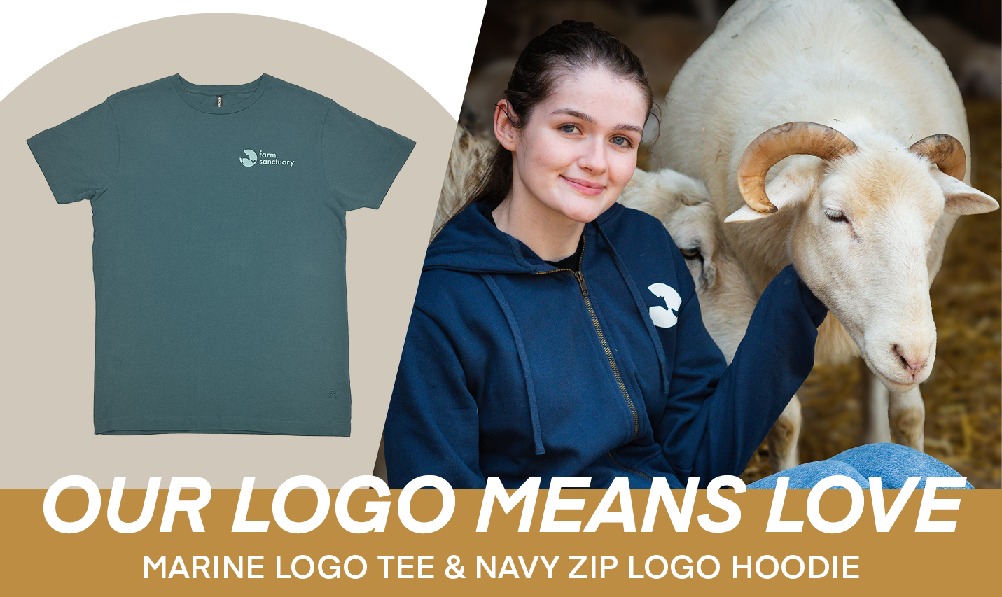 Showing our Marine Logo Tee and a woman wearing our Navy Zip Logo Hoodie. Text: Our logo means love. Shop our Logo collection.